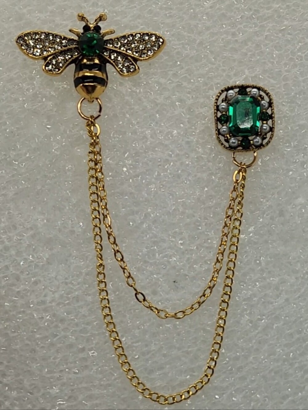 Bee Tassel Brooch Looks Great on Sweaters Gold Tone Metal with Green Stones